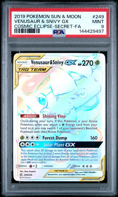 PSA 9 2019 POKEMON SUN & MOON COSMIC ECLIPSE #249 VENUSAUR & SNIVY GX COSMIC ECLIPSE-SECRET-FA